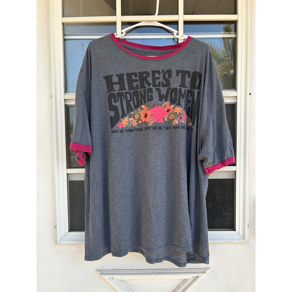 Natural Life Strong Women Graphic Ringer Tee Grey Pink XXXL Casual Relaxed